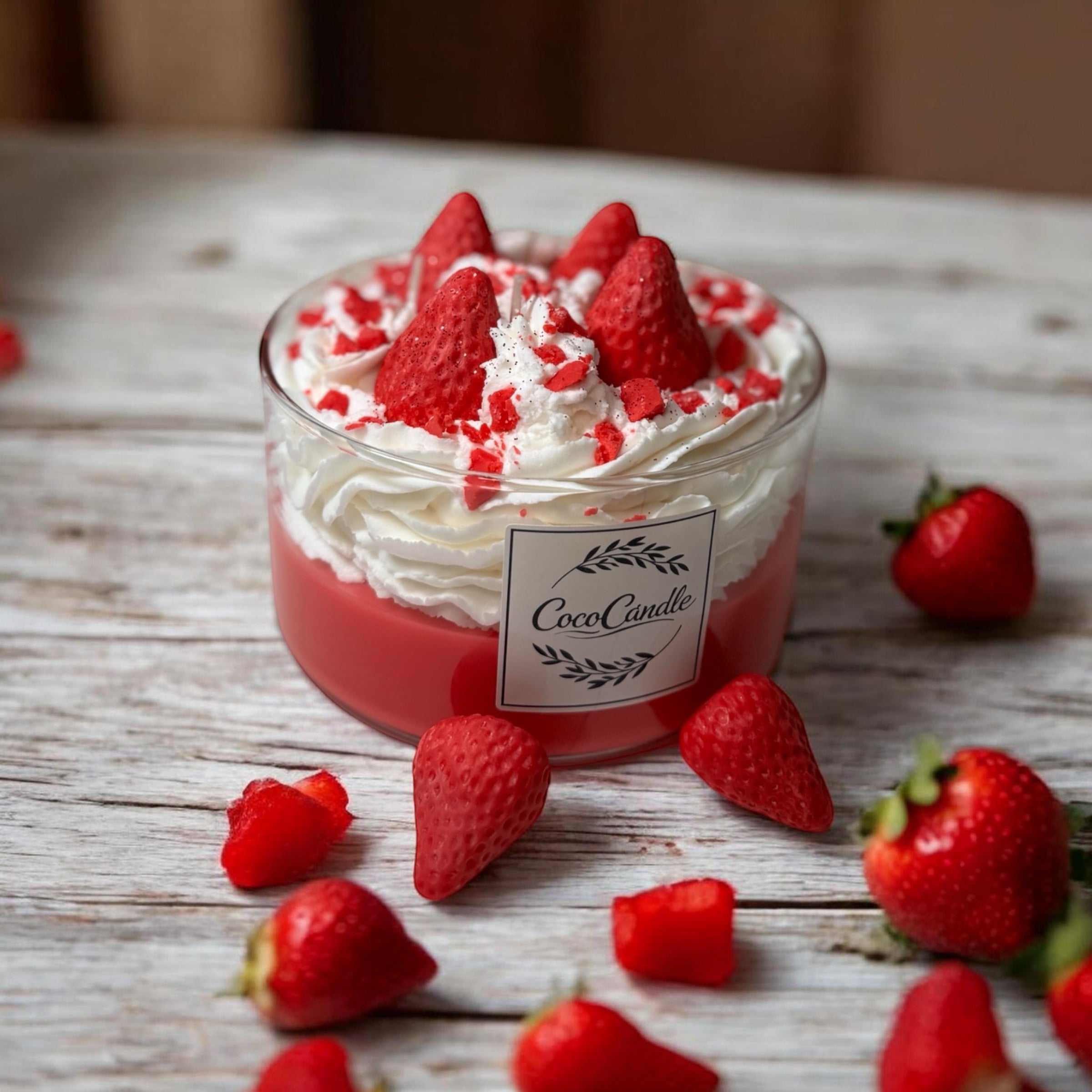 Handgemachte Dessert-Kerze "Erdbeer-Versuchung" – Rote & Weiße Sojawachs-Schichten
