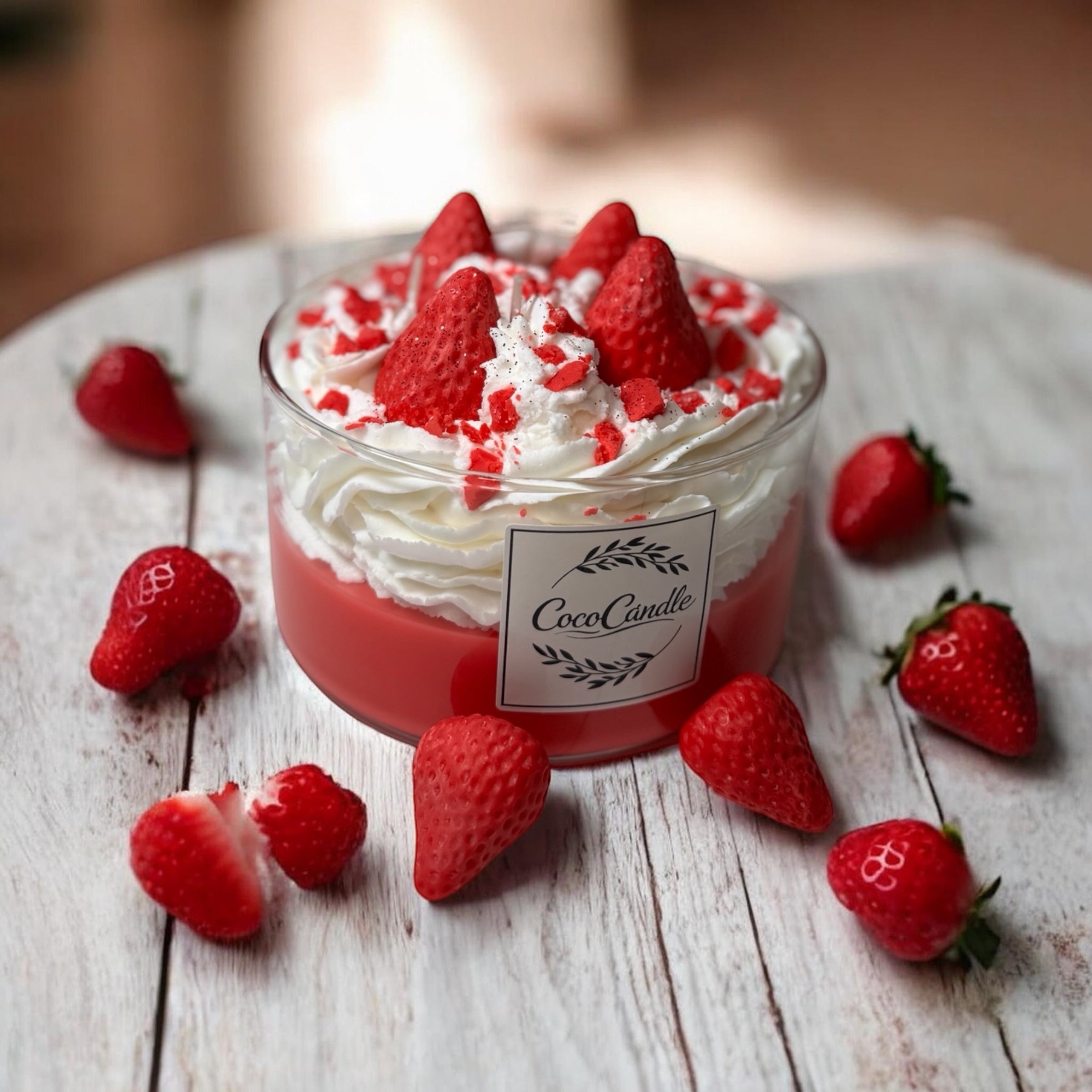 Handgemachte Dessert-Kerze "Erdbeer-Versuchung" – Rote & Weiße Sojawachs-Schichten