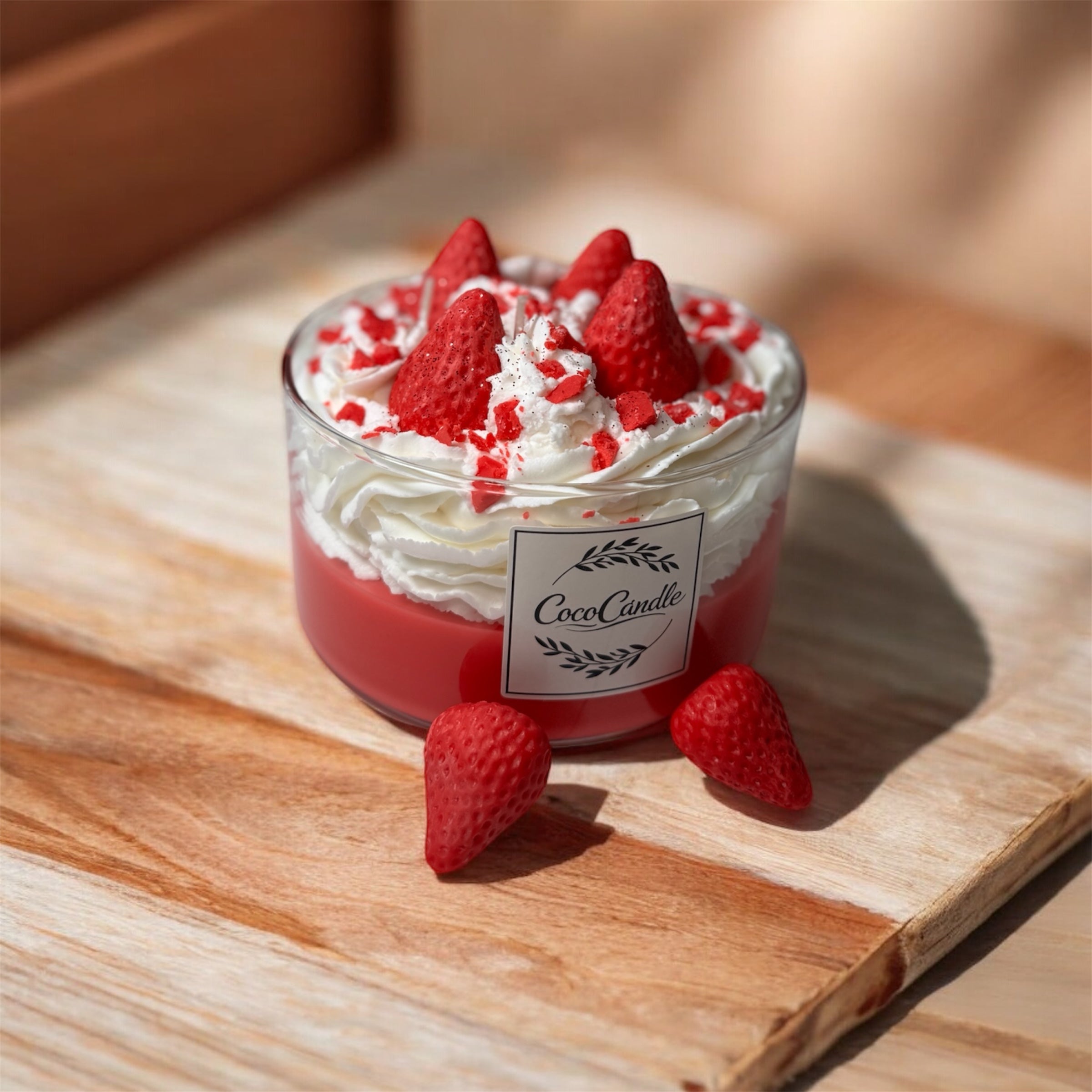 Handgemachte Dessert-Kerze "Erdbeer-Versuchung" – Rote & Weiße Sojawachs-Schichten
