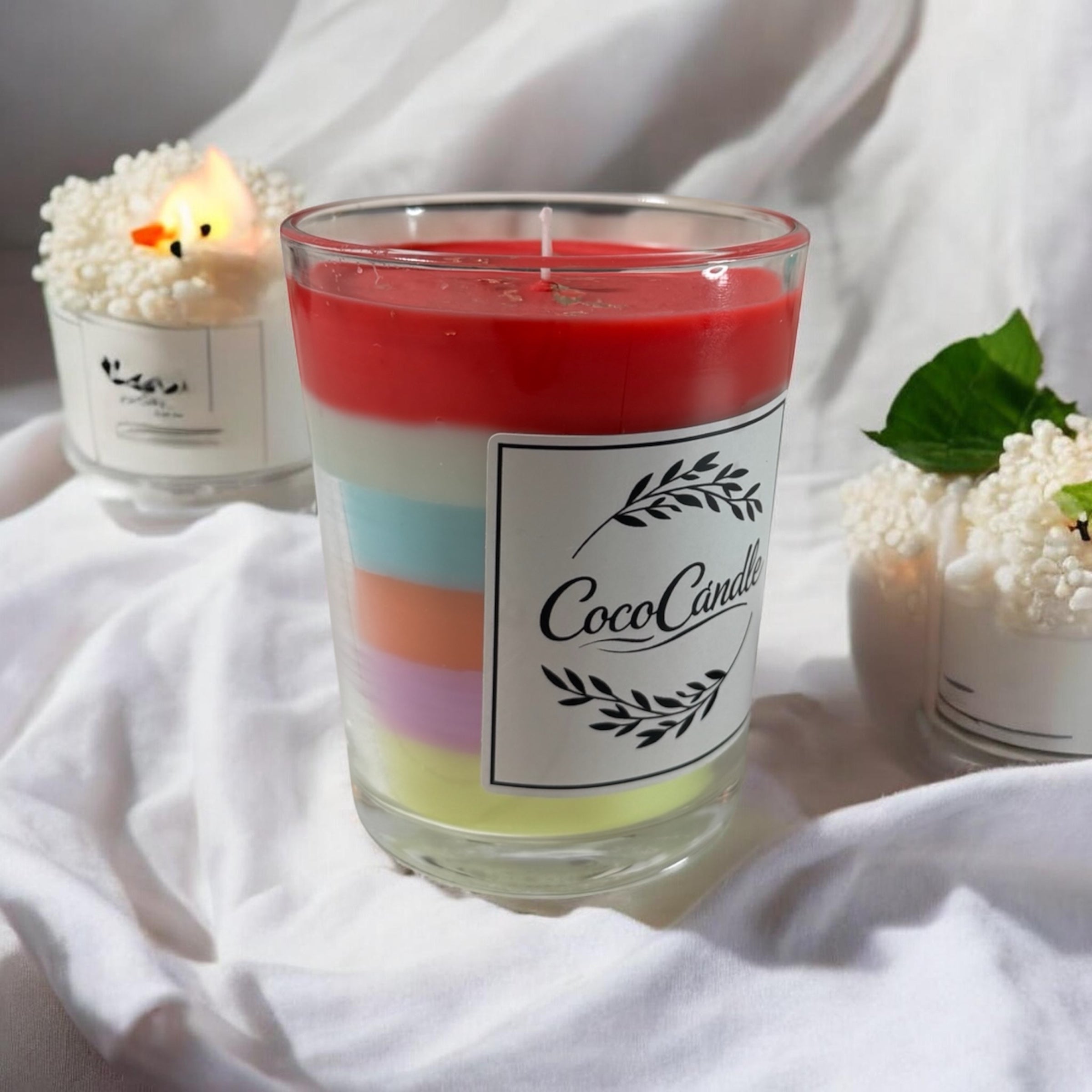 Handgemachte Regenbogen-Kerze "Farbenpracht" – 6 Schichten aus reinem Sojawachs