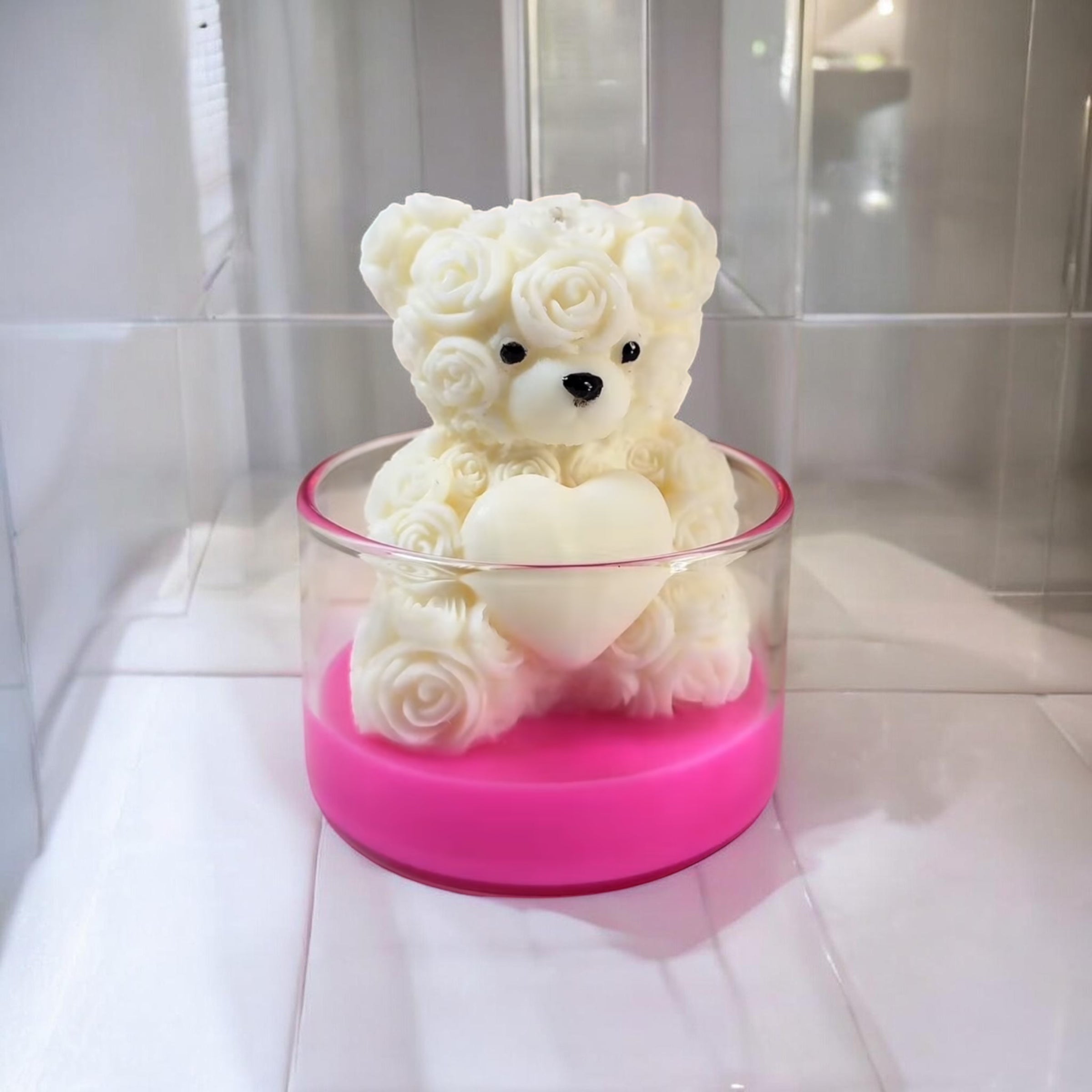 Handgemachte Rosen-Bär Kerze "Blumige Liebe" – 100% Sojawachs