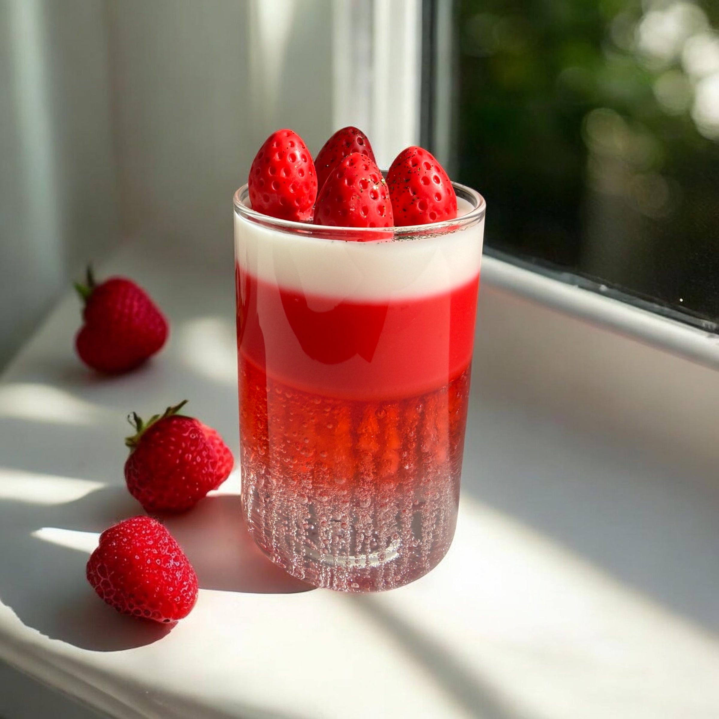 Handgemachte Kerze "Himbeer-Traum" mit Gel- & Sojawachs und Himbeer-Verzierung