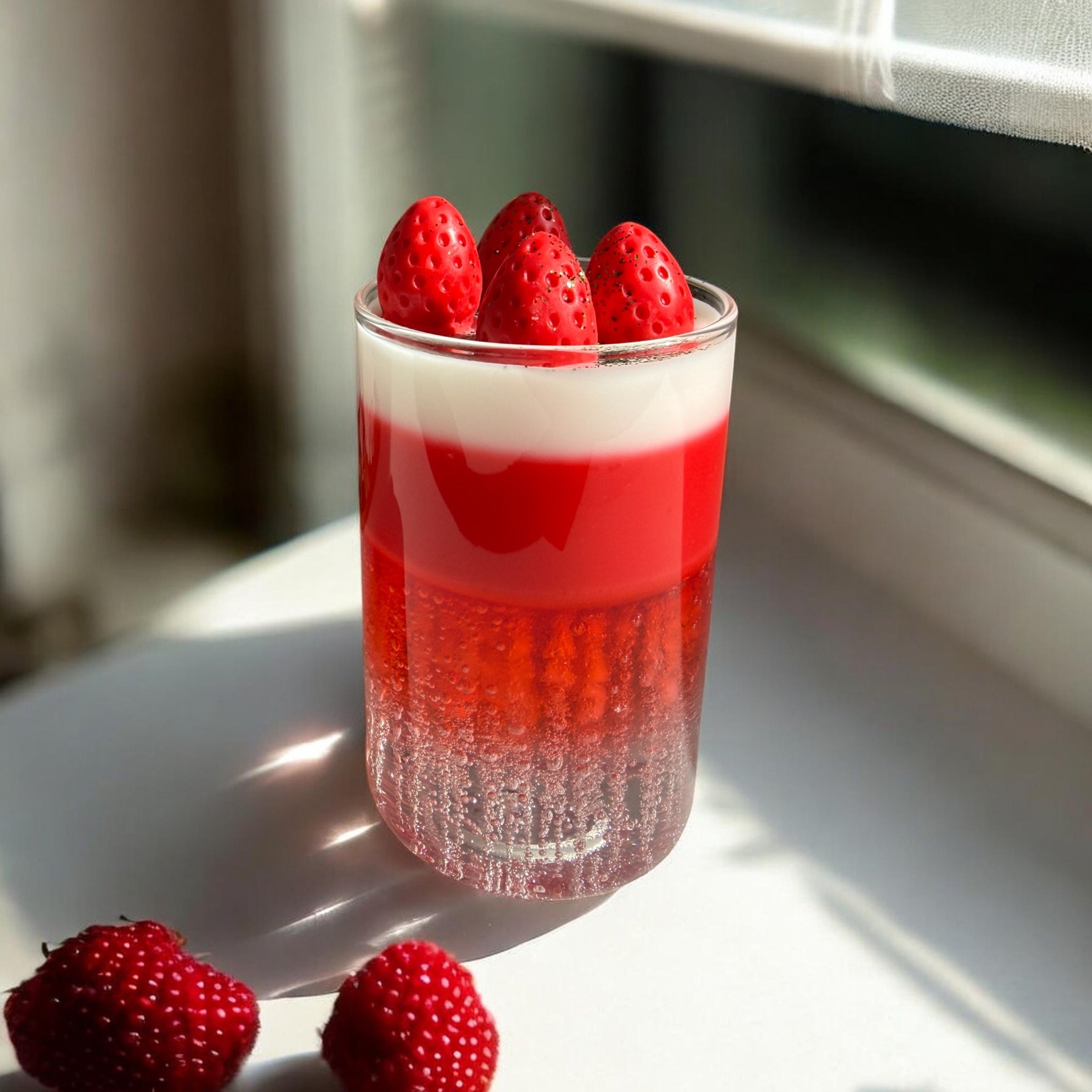 Handgemachte Kerze "Himbeer-Traum" mit Gel- & Sojawachs und Himbeer-Verzierung